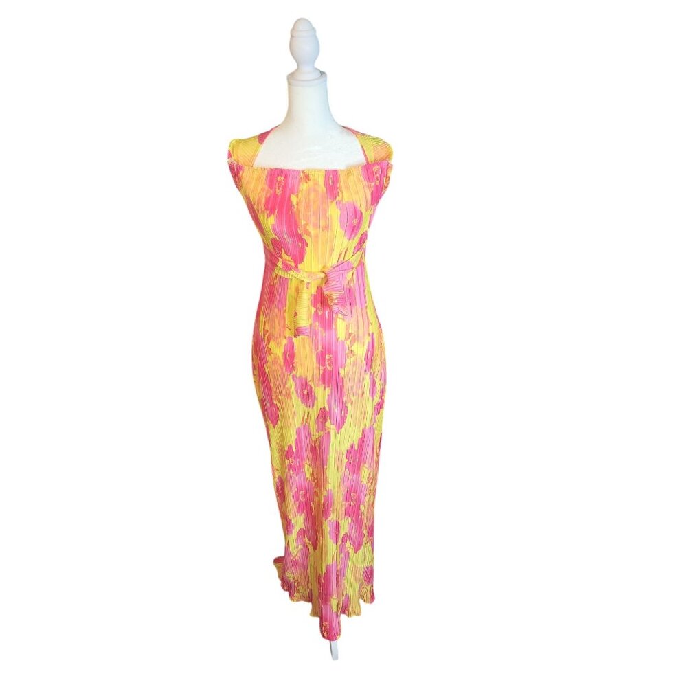 PrettyLittleThing Multi Floral Print Plisse Bandeau Cowl Back Maxi Dress Size 2